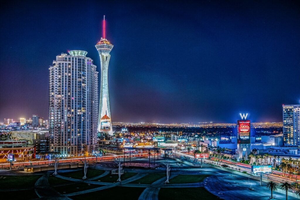 Illuminated Las Vegas skyline showcasing the vibrant nightlife and iconic Stratosphere Tower.